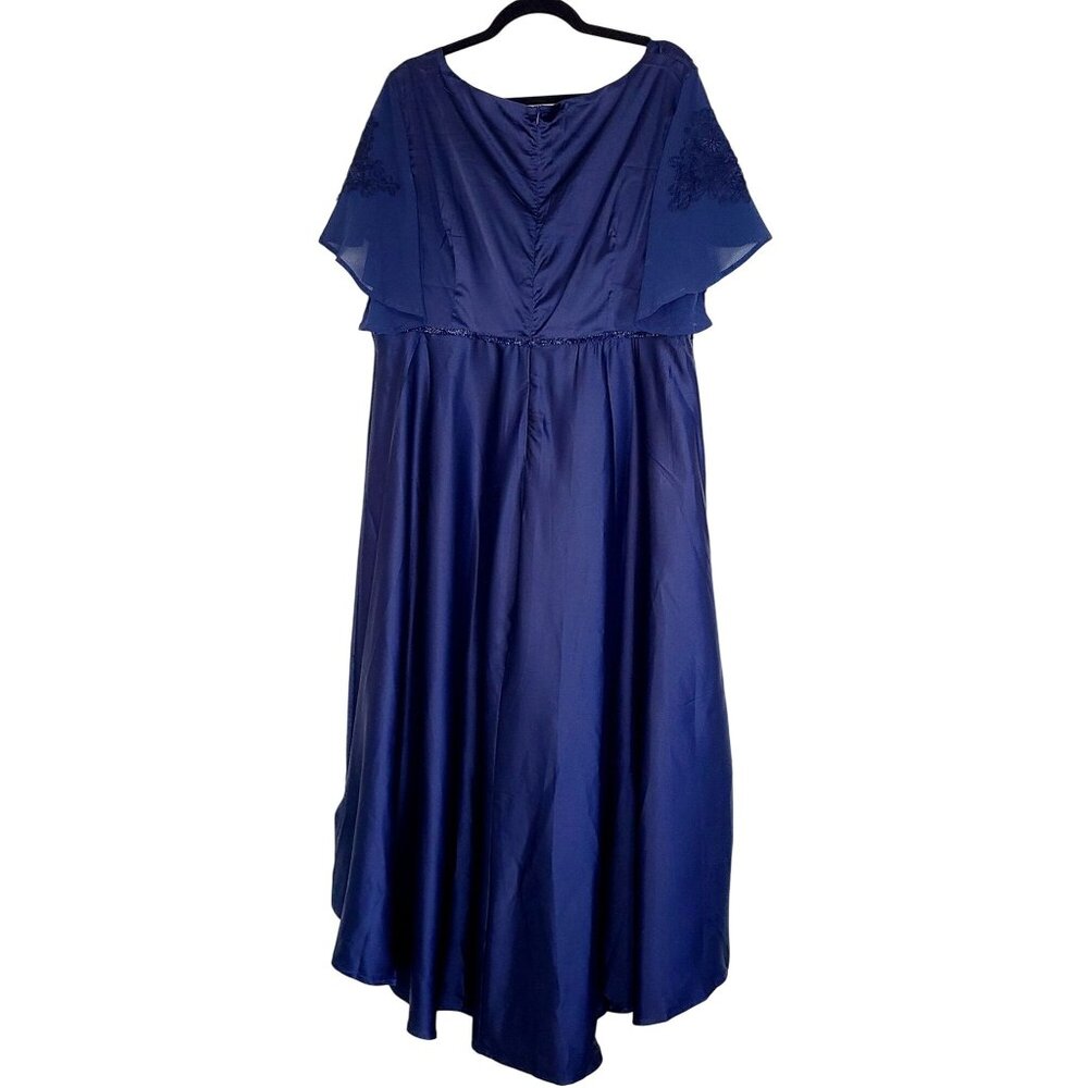 Evening Gown High-Low Blue Lace & Sequins Flutter Sleeves Plus Size Elegant - Picture 3 of 16